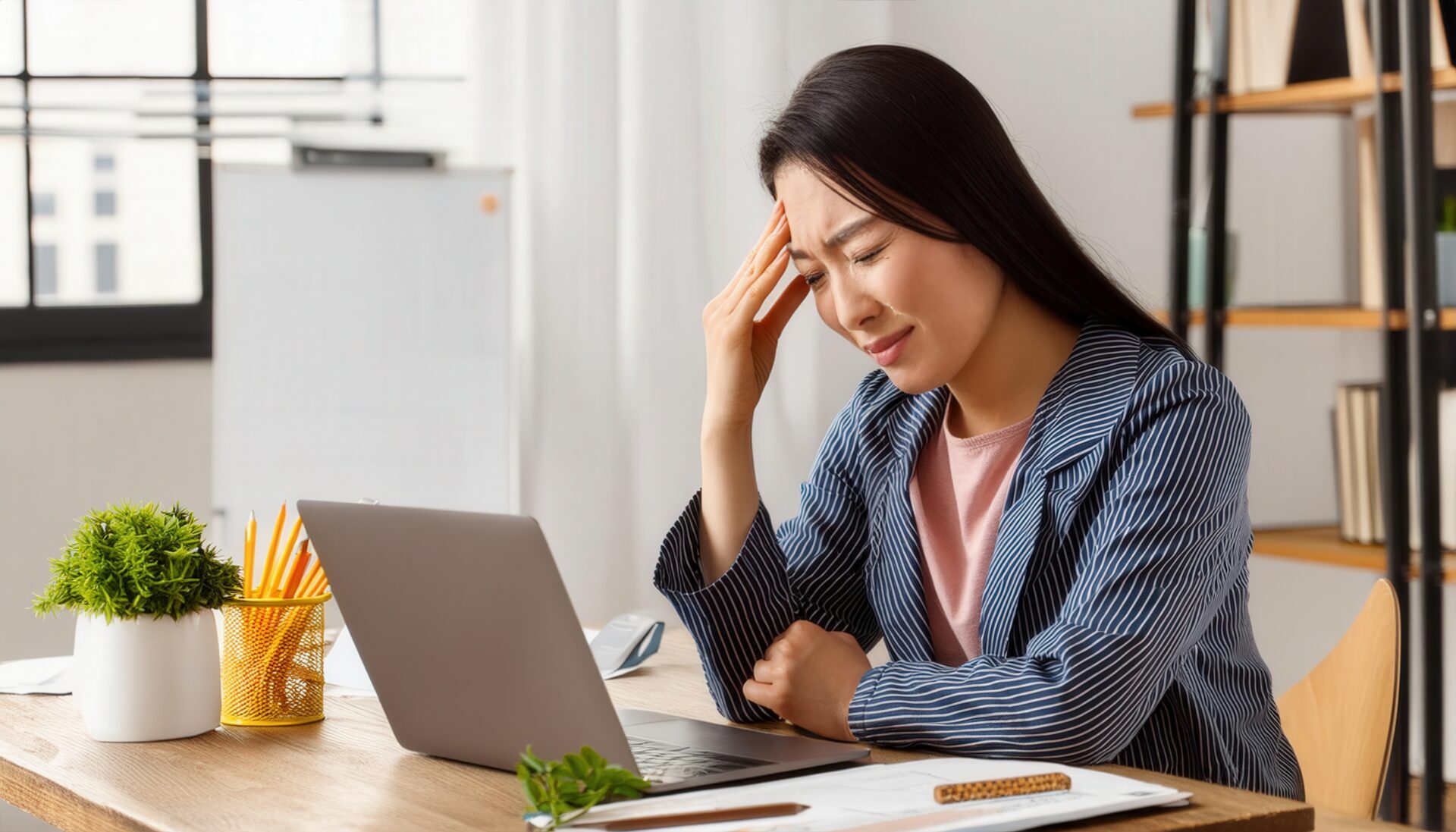 頭痛に耐える働く女性