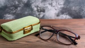 木目のテーブルに置かれたメガネと緑のケース