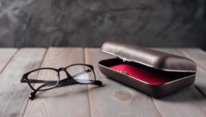 茶色のメガネケースとメガネ