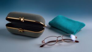 グレーのメガネケースとメガネ（青背景）