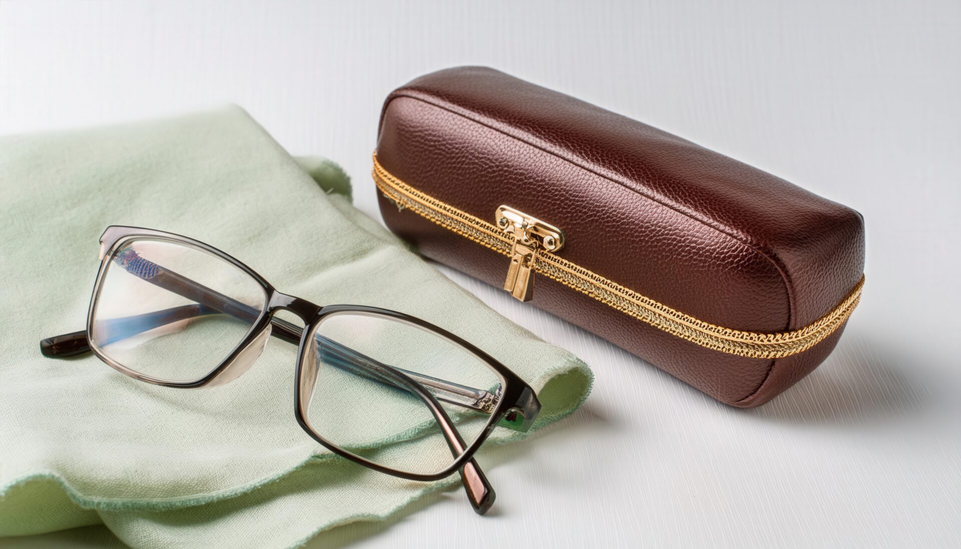 茶色のメガネケースとメガネ