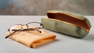 緑のメガネケースとメガネ（黄クロス）