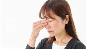 目の疲れで目を押さえる人(1)