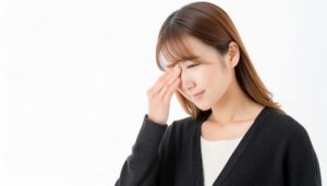 目の疲れで目を押さえる人(4)