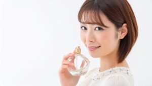 白ブラウスの女性が香水を顔横に添え笑顔