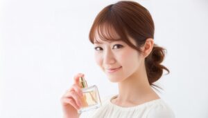 お団子ヘアの女性が琥珀色の香水を手に微笑む