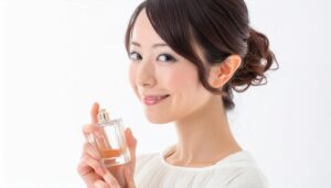 白ブラウスの30代女性が琥珀色の香水を手に笑顔