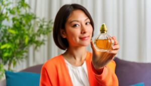オレンジカーディガンの女性が香水を正面に向ける