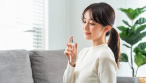 白いニット女性が透明な香水スプレーボトルを持つ