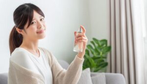 ポニーテール女性が香水を手にリビングで微笑む