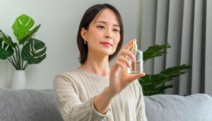 モンステラを背景に香水を見つめる女性