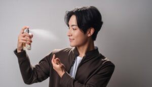 香水を吹きかけて微笑む茶色ジャケットの男性