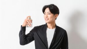 香水ボトルを押そうとする黒シャツの男性