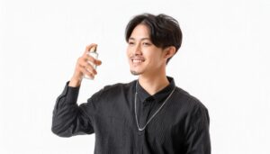 香水ボトルを手に笑顔で見つめるネックレスの男性