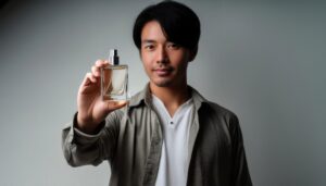 四角い香水ボトルを差し出す髭のある男性