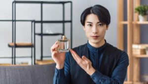 黒いベスト姿で香水ボトルを手にする笑顔の男性