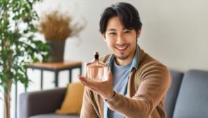 カーディガンを着て香水ボトルを差し出す笑顔の男性