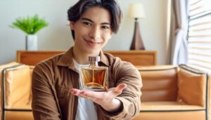 茶色のシャツで香水ボトルを差し出す笑顔の男性