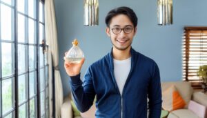 丸い香水ボトルを手にした笑顔の男性