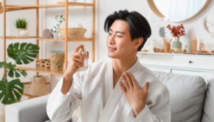 白い和服風の衣装で香水を試す笑顔の男性