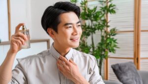 首元に手を添えて香水を吹きかける人物