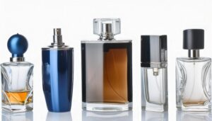 青や黒や茶色が並ぶ5本の香水ボトル