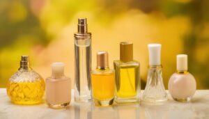 シンプルな背景に配置された複数の香水ボトル