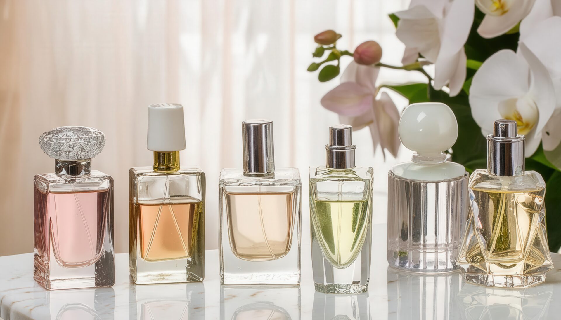 シンプルな背景に配置された複数の香水ボトル