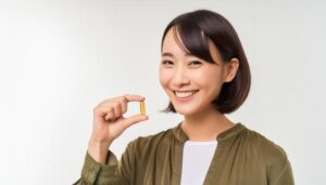 オリーブ色の服でカプセルを手にする人物