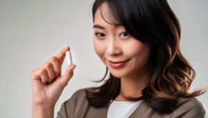 グレーの服で白いカプセルを手にする人物