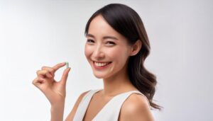 白い服で緑色のカプセルを手にする人物