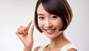 白背景で小さなカプセルをつまむ人物