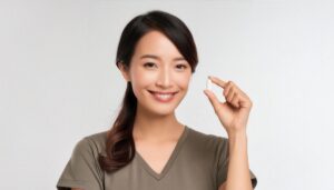 ポニーテールで透明なカプセルを持つ人物
