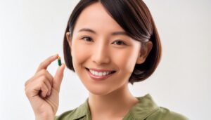 緑色の服で緑と黄のカプセルを手にする人物