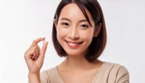 ベージュの服でカプセルを持つ人物