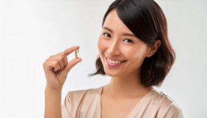 白背景で金色のカプセルを手にする人物