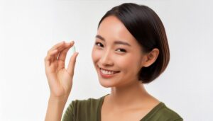 緑色の服で薄緑のカプセルを手にする人物