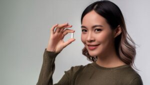 オリーブ色のトップスで白いカプセルを手にする人物