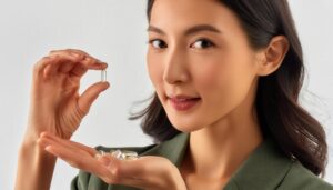 緑色の上着で透明なカプセルを手にする人物