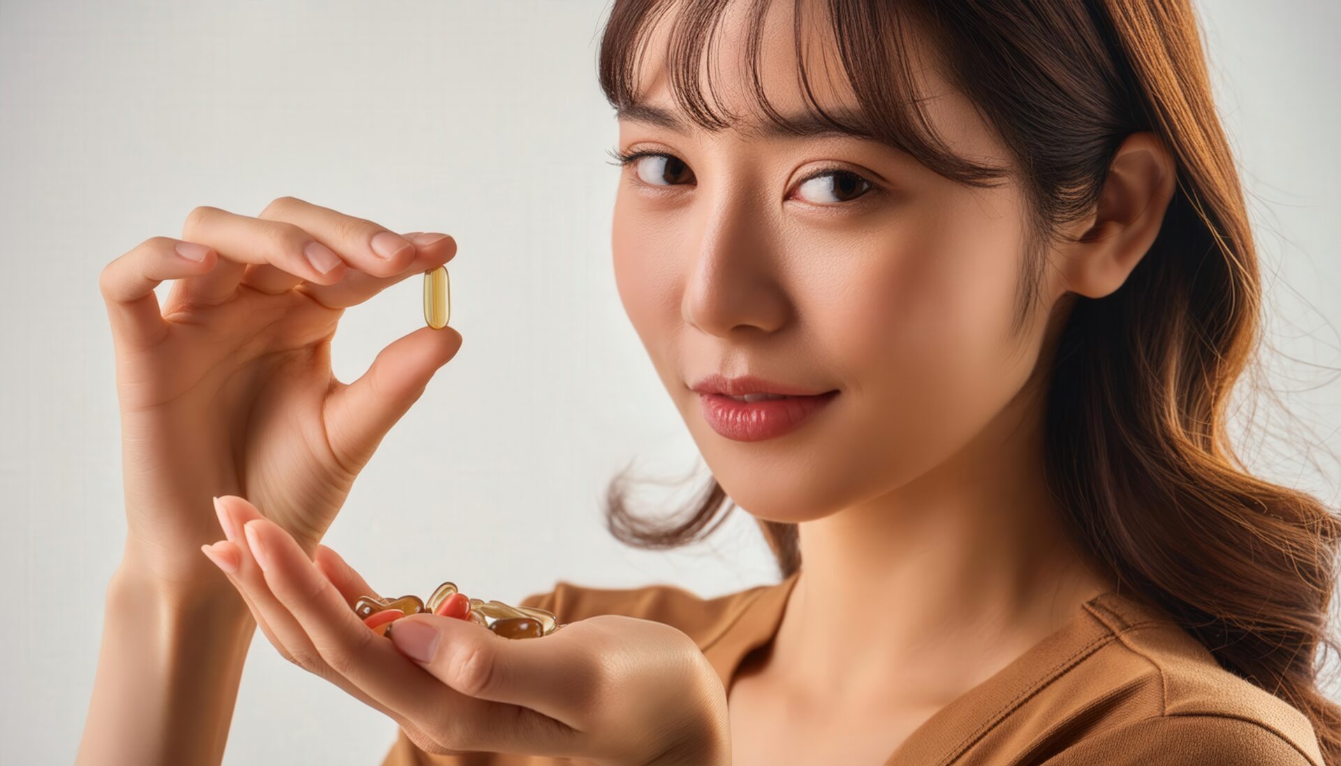 ブラウンの服でゴールドのカプセルを手にする人物