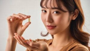 ブラウンの服でゴールドのカプセルを手にする人物