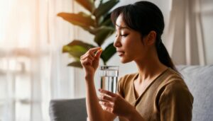 室内で水とサプリを手にする人物