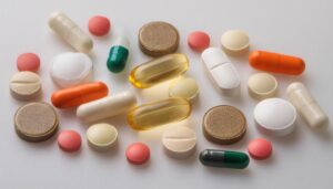 テーブルに色とりどりの錠剤が並んだ画像