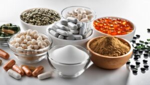 ボウルに入ったサプリやパウダーが並ぶ画像