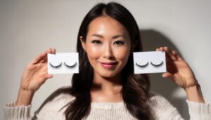 照明下でつけまつげを両手に持つ人物