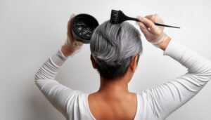白髪に黒いヘアカラーを塗る後ろ姿