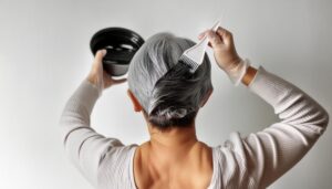 白髪に黒い染料を塗布する後ろ姿