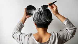 グレーの髪に黒いヘアカラーを施す後ろ姿