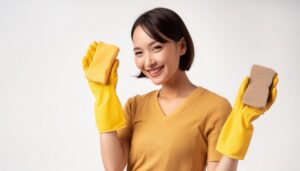 黄色いゴム手袋とスポンジを手にする人
