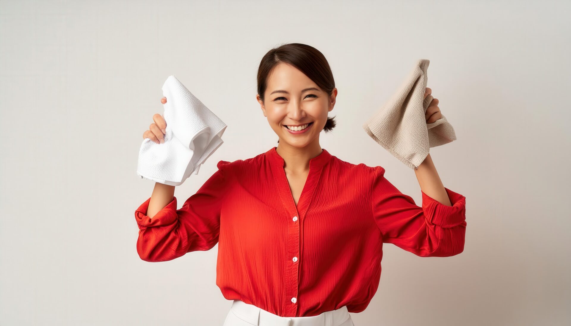 赤い服で布巾を両手に持つ人
